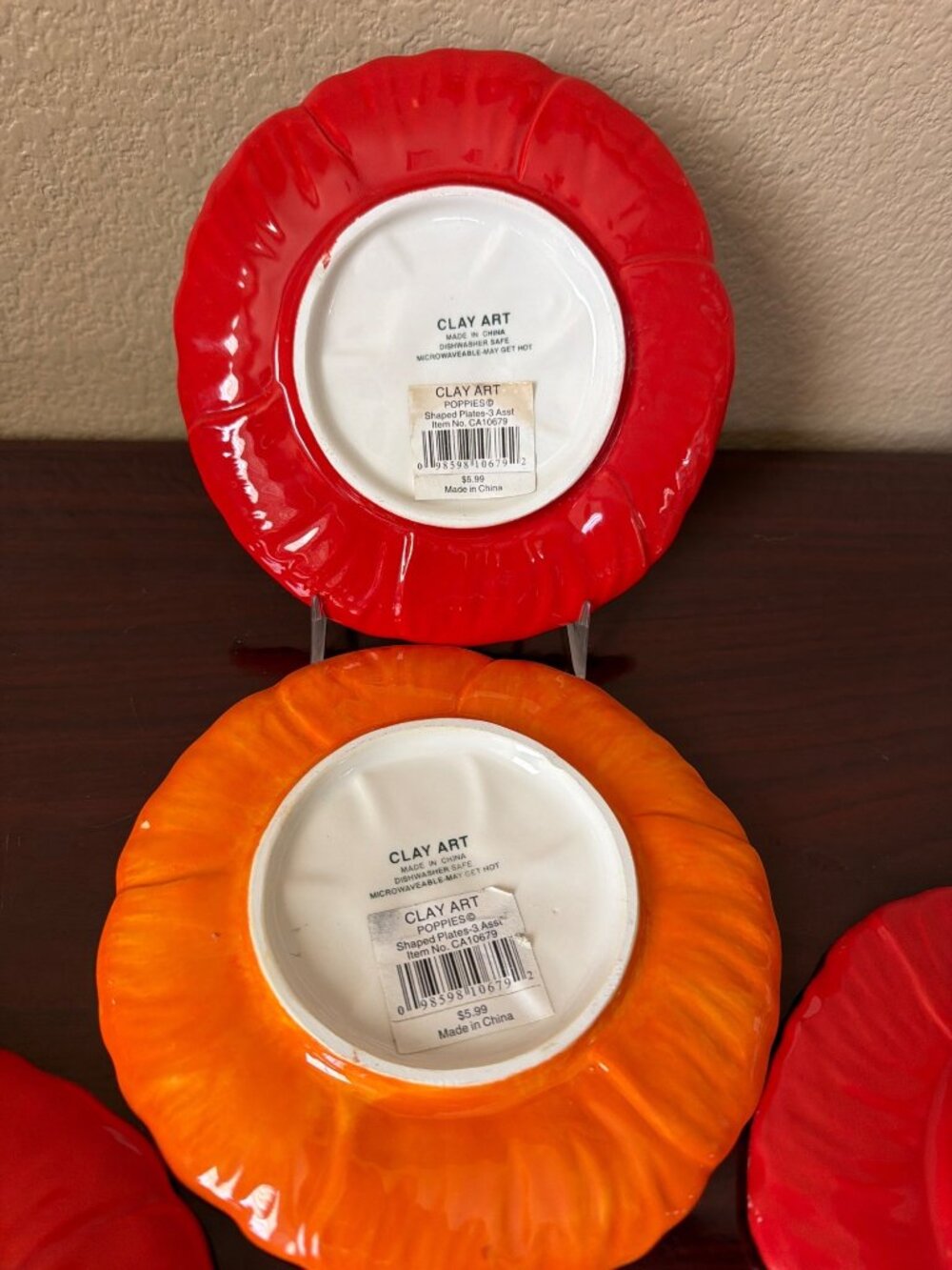 Set of 4 Clay Art Poppies Figural Appetizer Plates Red Orange Floral Ceramic 6" - Picture 9 of 12